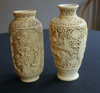 2 Vintage Carved Bovine Bone Chinese Vases