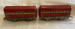 2 Vintage Pullman Montclair Red Tin Metal Toy Train Passenger Cars