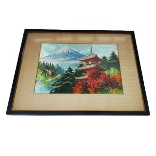Vintage Asian Japanese Silk Embroidery Framed Art Lake Pagoda Mountains 16x13