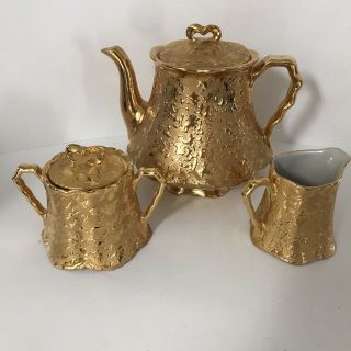 Vintage Holley Ross China Tea Set Teapot Sugar Creamer 22k Gold Weeping Gold