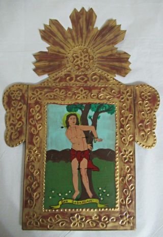 Vtg Hp Mexican Religious Tin Retablo Nicho; Tooled Frame: San Sebastian - Mexico