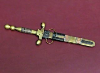Antique Middle East Style Hand Crafted Dagger W/ Brass Handle & Leather Sheath
