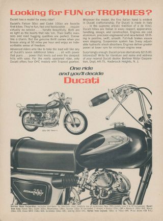 1965 Ducati Vintage Motorcycle Ad 160cc Monza Jr.  & Monza 250 Fun Or Trophies