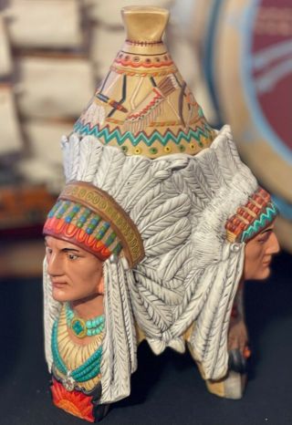 Vintage Porcelain Hand Painted 3 - Headed Native American Ceramic Vase