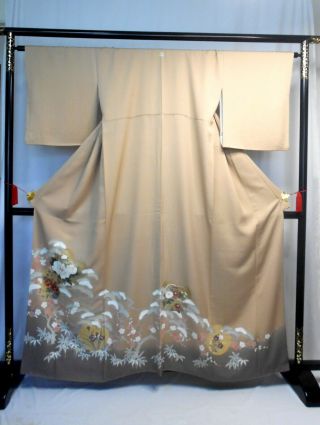 Japanese Kimono " Houmongi " Silk,  Gold /silver,  Plants,  A Crest,  L 62 ".  1669