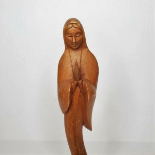 J Pinal Signed Hand Carved Wood Praying Madonna Figure Mexican Folk Art 2