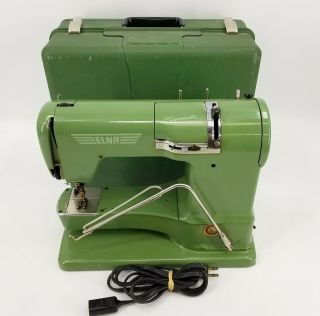 Vintage Elna Green Supermatic Sewing Machine W/ Metal Case
