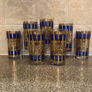 Vintage Mcm Culver Blue Gold Azure Set Of 7 Glasses With Gold Scroll