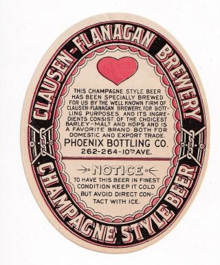 1890s Clausen - Flanagan Brewing Co,  York Phoenix Bottling Pre - Pro Beer Label