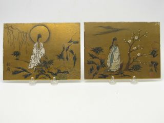 2 Antique 8in X 6in Asian Signed Paintings On Panels Oriental Man & Woman