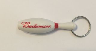 Budweiser Beer Bowling Pin Bottle Opener Keychain Key Chain White 2.  75 Inch