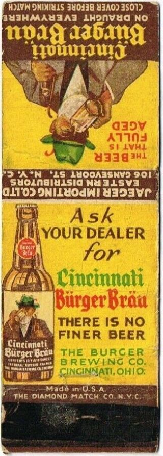 1930s Cincinnati Burger Brau Beer Matchcover Taverntrove