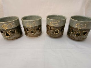 4 Gold Horse Somayaki Double - Wall Soma Ware Crackle Glaze Mugs Vintage Japanese