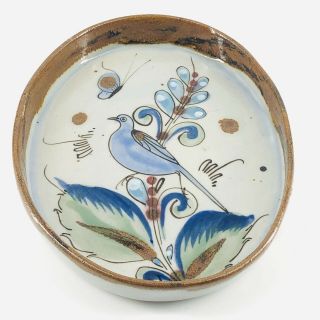 Vintage Ken Edwards Tonala Mexico Pottery Trinket Tray Hand Painted Bird Flowers 2