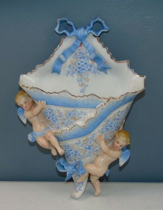 Antique Fine German? French? Porcelain Wall Pocket 2 Putti Cherubs C 1880 Vase