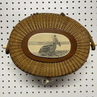 Vintage Scrimshaw Nantucket Basket Purse With Rare Pelican Design