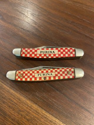 2 Vintage Kutmaster Utica Ny Purina Checkerboard 3 Bl.  Stockman Pocket Knife
