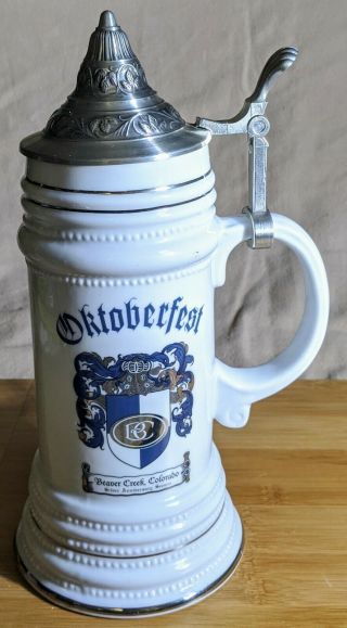 Vintage German Porcelain Octoberfest Beer Stein Pewter Lid Silver Anniversary Ss