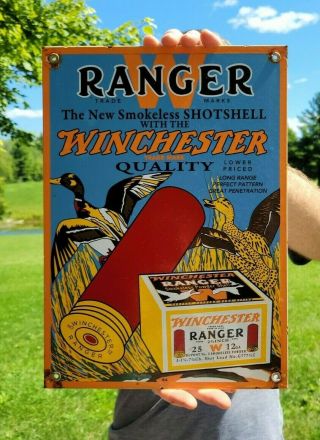 Old Vintage Dated 1964 Winchester Ranger Porcelain Enamel Sign Remington Colt