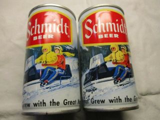 2 Vintage 1970’s Schmidt Beer Snowmobile Steel Can Heileman Cans - Pair