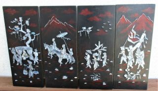 Set Of 4 - Vintage Chinese Black Lacquer Mother - Of - Pearl Inlay Wall Plaques