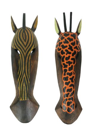Zeckos Zebra And Giraffe Jungle Carved Wooden Mask Wall Hangings 19 Inch