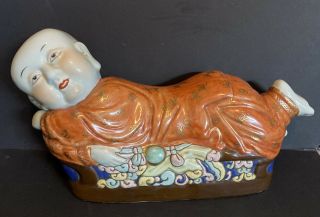 Vintage Asian Porcelain Pillow Head Rest Hand Painted With Makers Mark