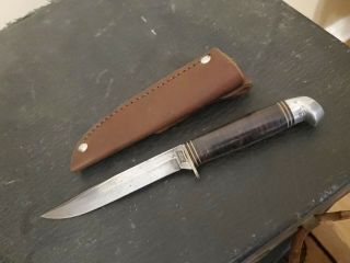 Vintage Western Cutlery Hunting Knife & Sheath Usa - 4 1/4 " Blade - Leather Handle