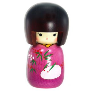 Japanese Wooden Doll Kokeshi Girl Purple Kimono Snow Rabbit Design 5 "