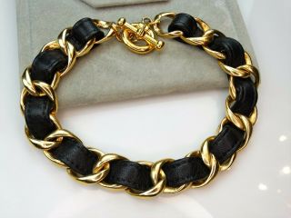 Carlisle 80s Vtg Heavy Gold Chain Link Leather Chunky Runway Choker Big Necklace