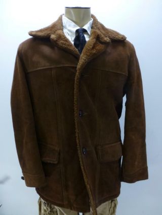 Vtg Sears Leather Shop Brown Sherpa Lined Coat Rancher Mens Sz 40 Tall Medium