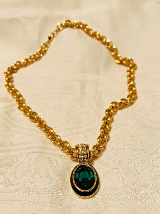 Vintage Signed Monet Heavy Linked Chain Necklace W/ Faux Emerald Pendant
