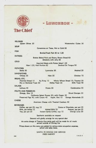 Luncheon Menu,  " The Chief ",  Santa Fe Dining Car Service / Fred Harvey,  1920s