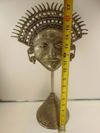 Vintage African Hand Crafted Solid Cast Metal Tribal Mask Sculpture 17 1/2 Rare