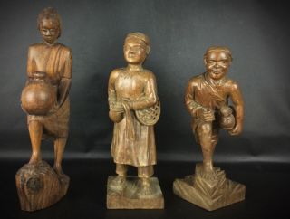 Bel Ensemble De 3 Statuettes Anciens Vintage Bois Sculpté Art Populaire Africain