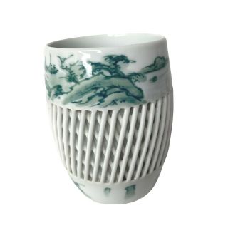 Imari Japan Porcelain Hand Painted Woven Lattice Vase Jar 4 " Mountain Sea Mcm