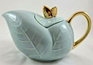 Vintage Pearl China Company Teapot Unique Leaf Pattern Usa Handpainted 22k Gold