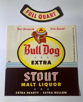 Vintage 1951 Acme Bull Dog Extra Stout Malt Liquor Quart Label - Los Angeles