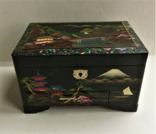 Vintage Musical Jewelry Box Hand Painted Black Lacquer W/ Abalone Inlays 23 Note