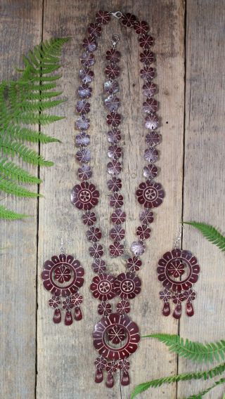 Maroon Necklace Earring & Bracelet Set Hand Carved Gourd Mexico Folk Art Oaxaca