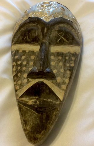 African Ghana Mask Handcarved Wood With Tin Accents Primitive Wall Art