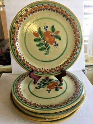 Vintage Mexican Pottery Set Of 5 Hand Painted 9 3/4 " Dinner Plates