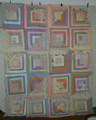 Quilt Top Log Cabin Foundation Pieced Feedsack Vintage Cottons 1930 1940 Span