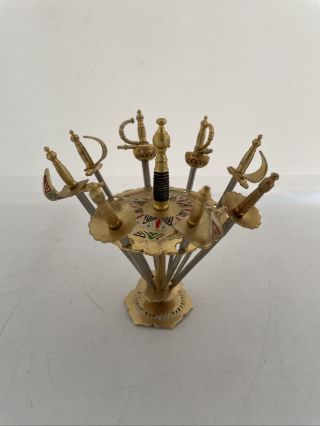 8 Miniature Toledo Vintage Cocktail Tooth Picks Brass Metal Swords Set