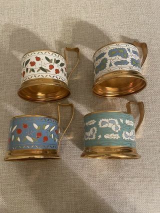 Vintage Enamel Ussr Russian Tea Glass Holders Podstakannik Cloisonne Set/4