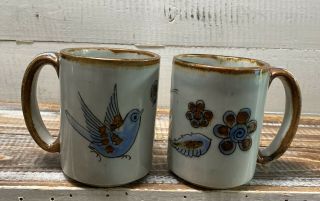 Set Of 2 Ken Edwards El Palomar Pottery Coffee Mugs Tonala Mexico Bird Butterfly