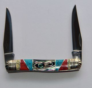 Scrade Custom Knife,  Turquoise,  Coral & Mother Of Pearl Handle