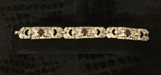 Vintage 7” Art Deco Trifari Rhodium Plate Ruby Red Crystal & Rhinestone Bracelet