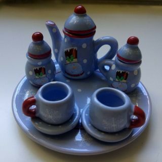 Vintage Miniature Ceramic Glaze Snowman Tea Set Christmas Doll House Collectible