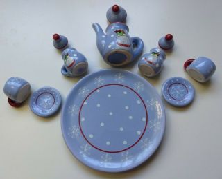 Vintage Miniature Ceramic Glaze Snowman Tea Set Christmas Doll House Collectible 2